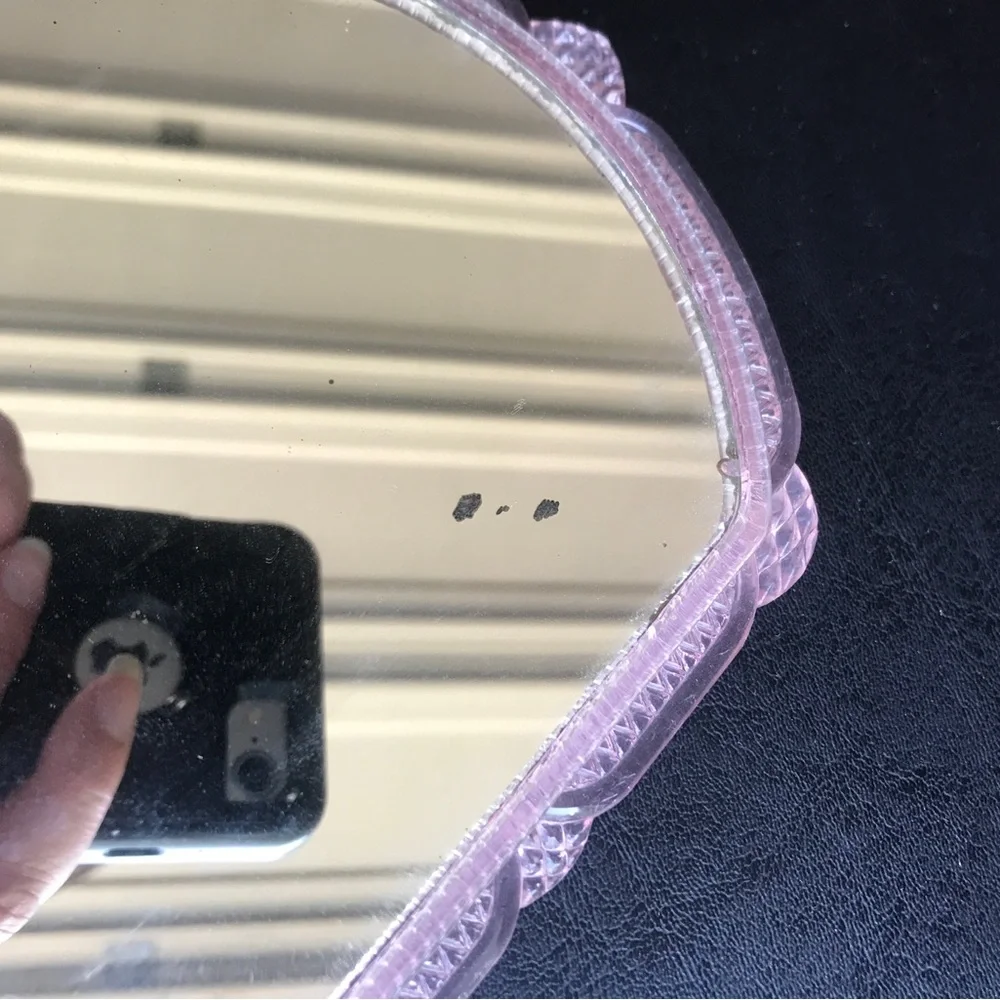 Vintage Celluloid Floral Mirror Vanity Handled Dainty Pretty Flower Mirror Pink
